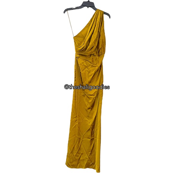THE SEI Asymmetrical Drape Dress Yellow Silk Midi - Picture 2 of 7